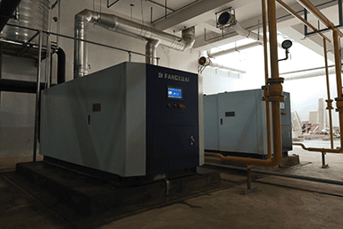河南省仟那酒店管理咨询有限公司使用方快锅炉两台1050kw全预混完全冷凝常压燃气热水锅炉案例